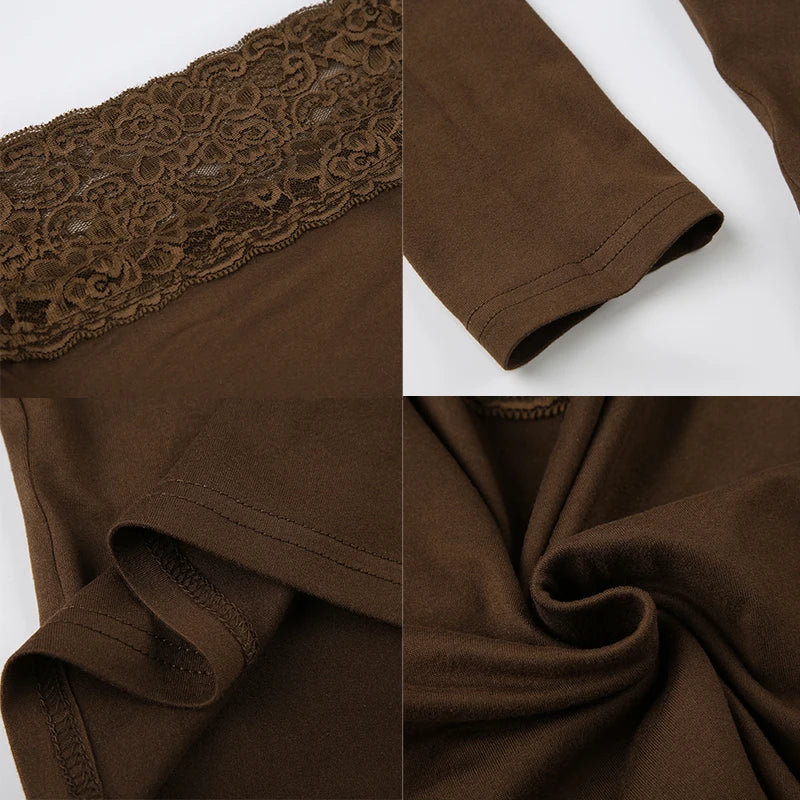 Cuteandpsycho Lace Patchwork Solid Slim Tee Shirts Long Sleeves V-neck Aesthetic Fashion Clothes Vintage Streetwear Black Tops