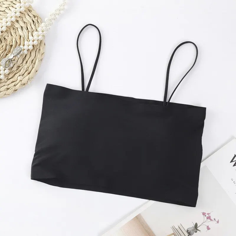 Women Crop Top Sexy Bra Seamless Tank Tops 2023 Summer Female White Strap Top Backless Camisole Solid Cropped Camis Clothing Black One Size