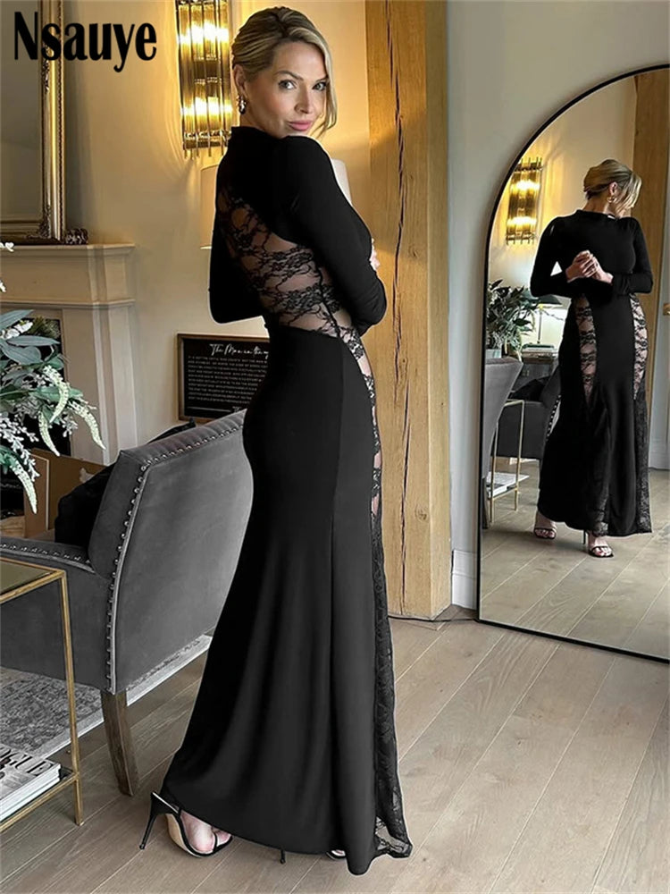 Nsauye Sexy Hollow Out Backless Lace Patchwork Slim Maxi Dresses For Women 2025 Autumn Winter Long Sleeve Long Dress Club Party