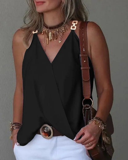 Elegant V-Neck Blouse for Women, Sexy Sleeveless Chain Print, Lady Casual Tops, White, Summer, 2024 black