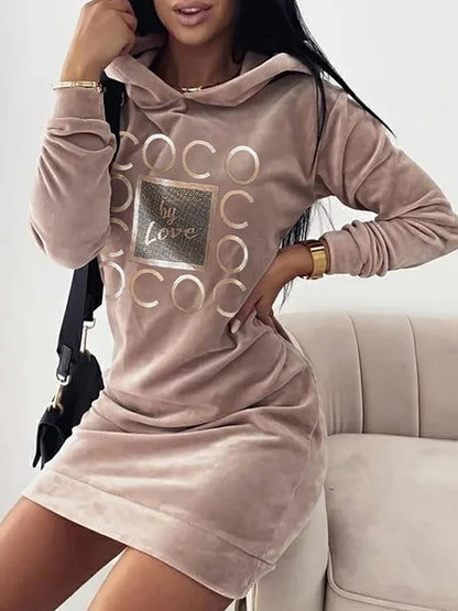 Women Long Sweater Dresses LOVE Print Hooded Loose High Collar Sweatshirts Long Sleeve Pullover Fall Winter Y2K Street Style Top Badiee Stylez