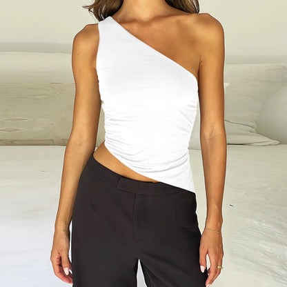 Sexy One Shoulder Off the Shoulder the Back Small Top 2024 Summer Solid Color Irregular Lace up Short Top
