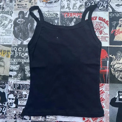 Women Sexy Spaghetti Strap Camisoles Summer Emo Girls Sleeveless Thin Tank Top Simple Base White Crop Tops Fashion Female Undies 1020-chunse-black