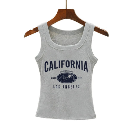 California Los Angeles Prints Tank Top Summer Women Sleeveless Tight Ribbed Female Cotton Knit Vest Straps Casual Street Clothes Gray