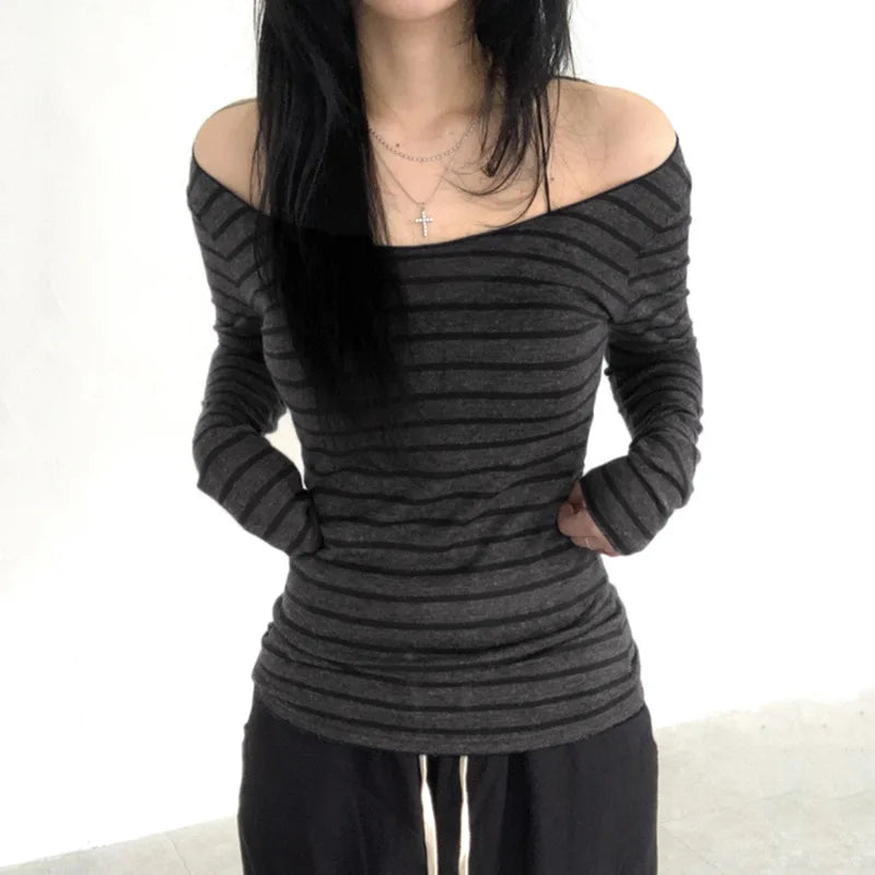 Lamuusaa Grunge Top y2k Clothes Women Cybercore Striped Off Shoulder Long Sleeve T Shirt 2000s Gothic Clothing Fall Streetwear