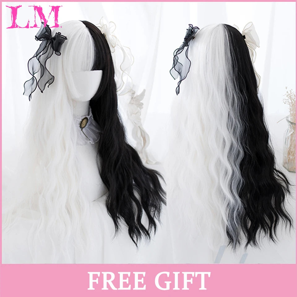 LM Long Silky Straight Synthetic Wigs with Bangs Black Cosplay Party Lolita Hair Wigs for Women Natural Heat Resistant Wig #99