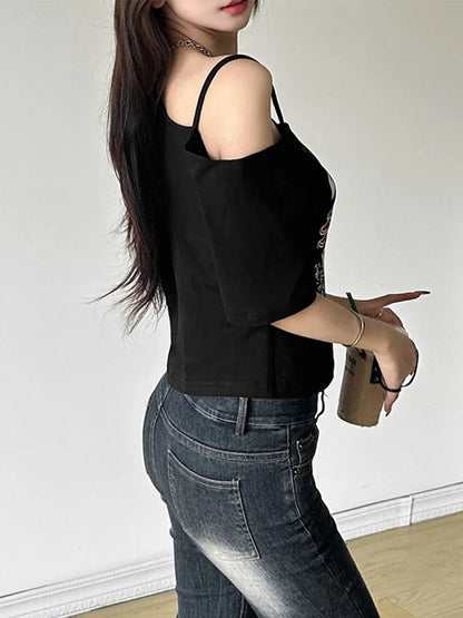 Gothic Tee Y2k Letter Print Off Shoulder Punk T-shirts Women Harajuku Summer Streetwear Grunge T Shirt Aesthetic Sexy Crop Tops