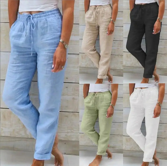 Women Cotton Linen Pants Summer Female High Elastic Waist Drawstring Pocket Beachwear Holiday Straight Trousers JYFS-1044