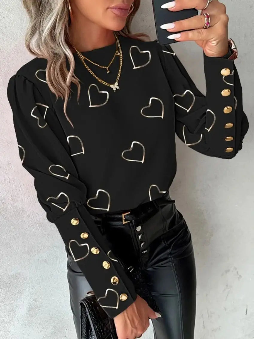 Fashion Long Sleeved Button Printed Blouse T Shirt Women's Spring Autumn Simple Pullover Top