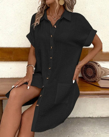 Women's Fashion Summer Minimalist V-neck Button Up Dress Woman Cotton Linen White Short Sleeved Pocket Casual Loose Shirt Dress Badiee Stylez