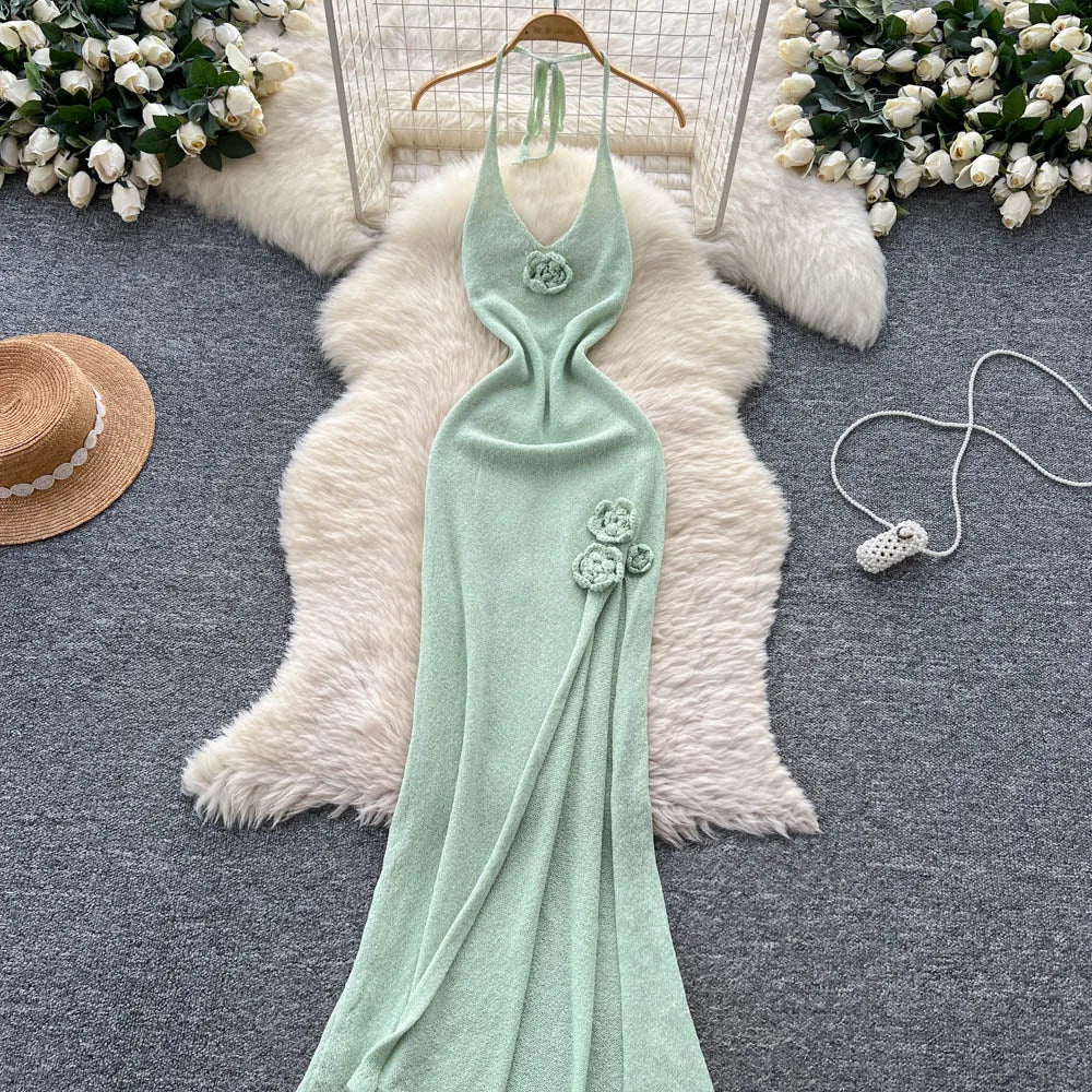 SINGREINY Halter 3D Floral Maxi Sundress Women Sleeveless Bodycon Elastic Beach Dress Vacation Knitted Split Sexy Long Dress