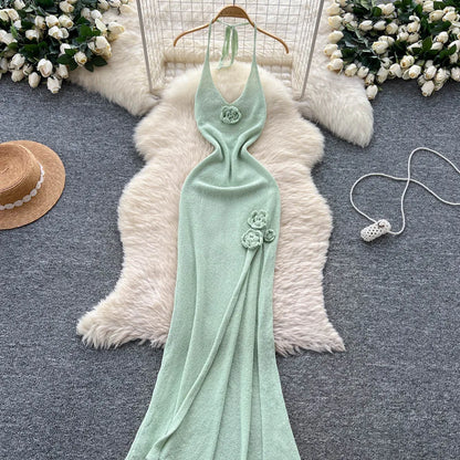 SINGREINY Halter 3D Floral Maxi Sundress Women Sleeveless Bodycon Elastic Beach Dress Vacation Knitted Split Sexy Long Dress