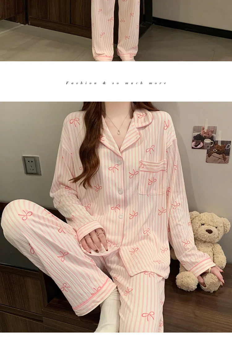New Women's Spring and Fall Pajamas Homewear Set Wrinkled Cloth Sweet Girl Students Long-Sleeved Casual Pajamas Homewear Set