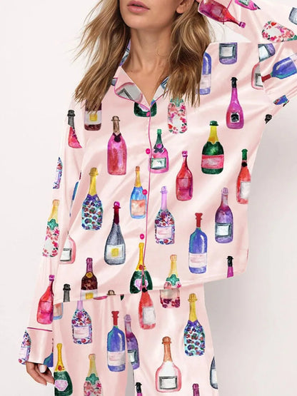 Womens Satin Pajamas Sets 2 Piece Set Champagne Bottle Wine Glasses Long Sleeve Button down Shirt Pants Satin Silk Loungewear