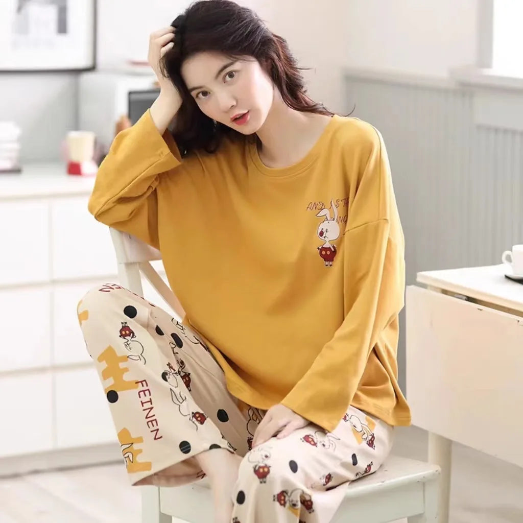 Women's Long Sleeve Long Pants Comfortable Pajamas Loungewear Women's Spring and Autumn New Plus Size Korean Loungewear Set