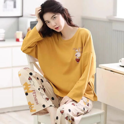 Women's Long Sleeve Long Pants Comfortable Pajamas Loungewear Women's Spring and Autumn New Plus Size Korean Loungewear Set