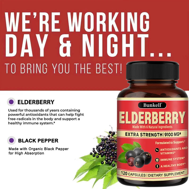 Elderberry Capsules - Rich in Vitamins - Supports Antioxidant, Immune System Health, Non-GMO,Dietary Supplement