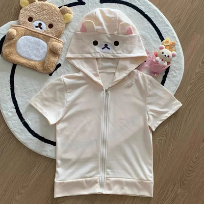 Cute Cartoon Hoodie Rilakkumaed Zip-up Hoodie Teddy Bear Ears Long Sleeve Jacket Fashion Women's Casual Cardigan Cotton Clothing C