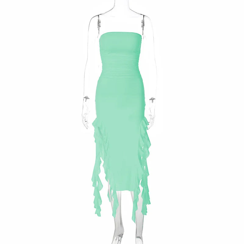 WonMiracle Elegant Strapless Dress Women Irregular Tassel 2024 Summer Trend Skinny Split Maxi Bodycon Party Dress For Women Light Green