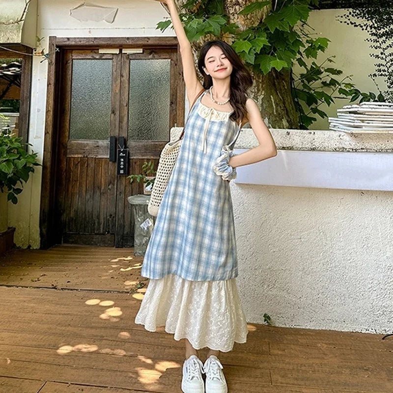 Women Plaid Fake Two Piece Suspender Dress Women Summer Retro Loose Long Lace Patchwork Plaid Sleeveless Dress for Women 2025