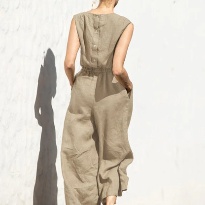 Elegant Solid Cotton Linen Women Jumpsuit Fashion Button O Neck Sleeveless Pocket Jumpsuits Ladies Elastic Waist Office Clothing
