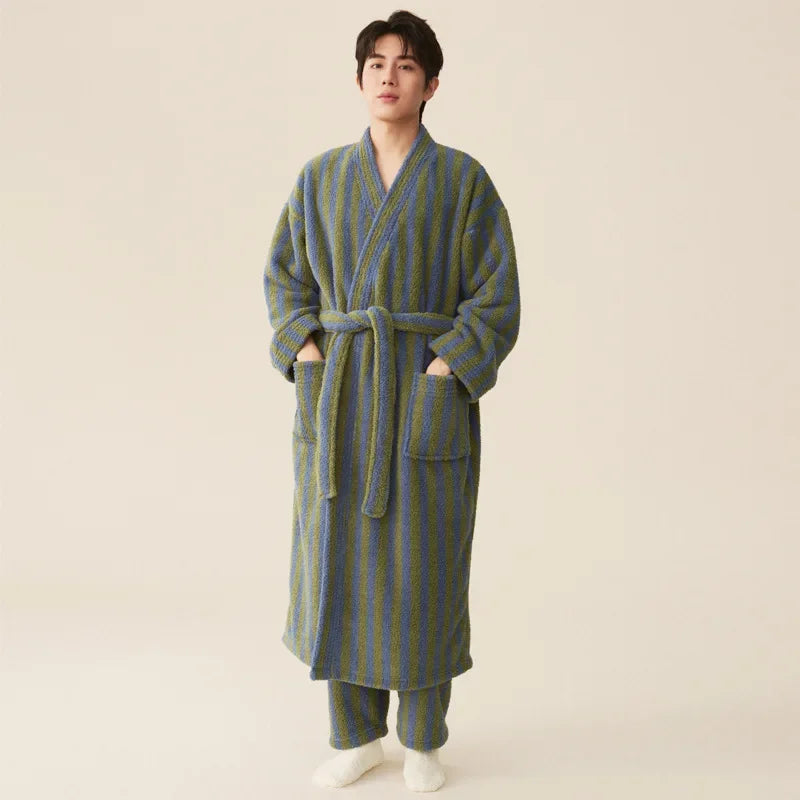 Thickened Flannel Robe Pants Pajamas Set Autumn Winter New Couple Coral Velvet Women Men Bathrobe Striped Lengthed Home Clothes men robe pants 2