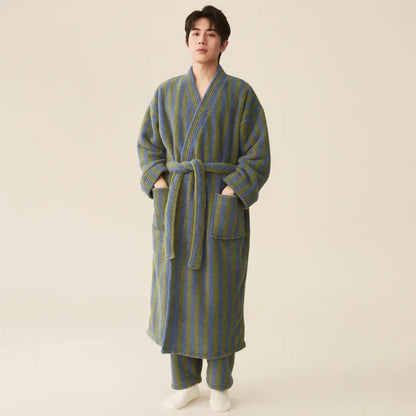 Thickened Flannel Robe Pants Pajamas Set Autumn Winter New Couple Coral Velvet Women Men Bathrobe Striped Lengthed Home Clothes men robe pants 2
