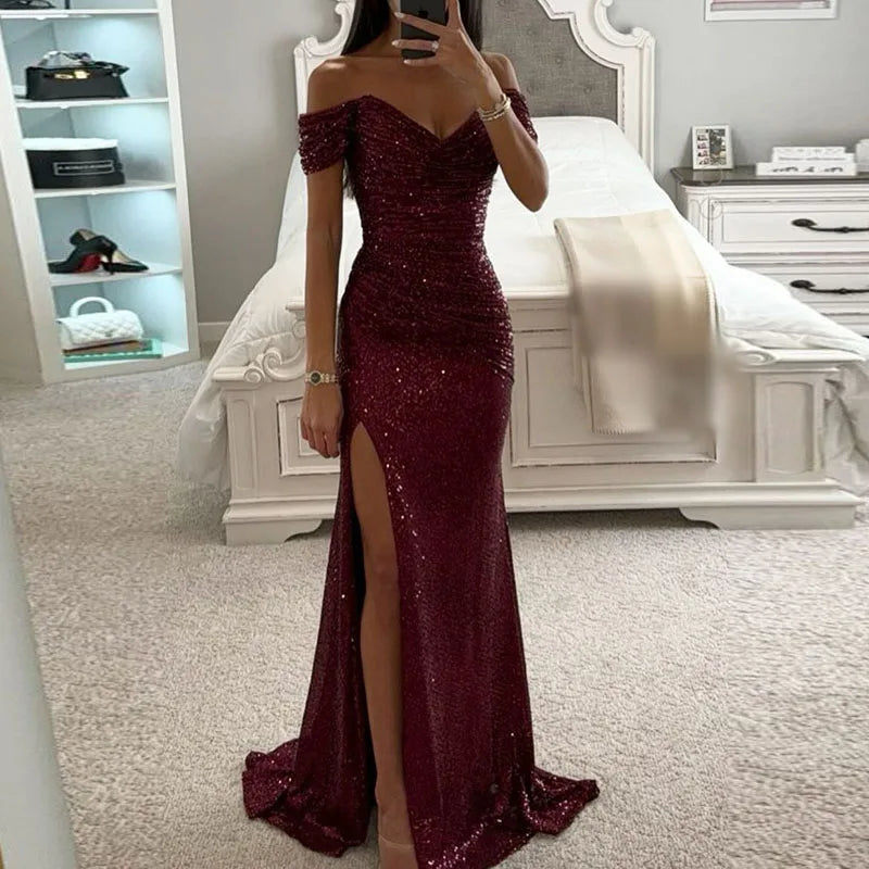 Women Elegant High Slit Cocktails Dress New Lady Party Banquet Slim Sequin Maxi Dress Sexy Slash Neck Glitter Floor-Length Dress 01 Wine Red
