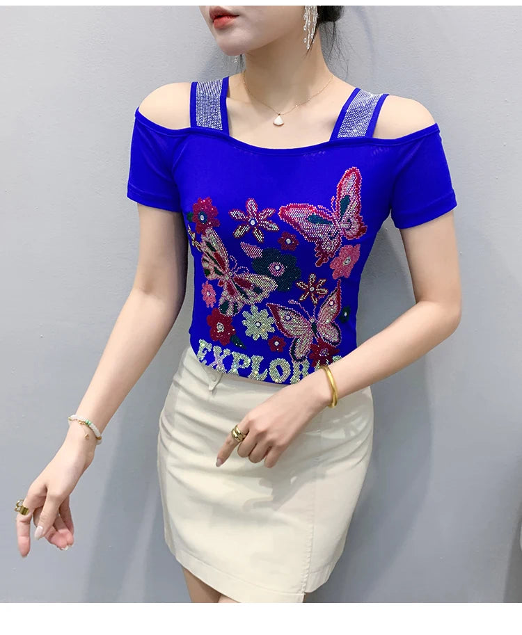 New Arrival Summer European Clothes Women's T-Shirts Chic Luxury Butterfly Hot Diamonds Tees Sexy Girl Slim Streetwear Tops