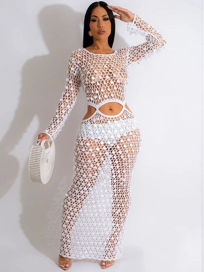 Joskaa Fishnet Knitting Hollow Sequins Maxi Dress Sexy See Through Holiday Long Sleeve Slim Summer 2023 Vacation Beach Dresses WHITE
