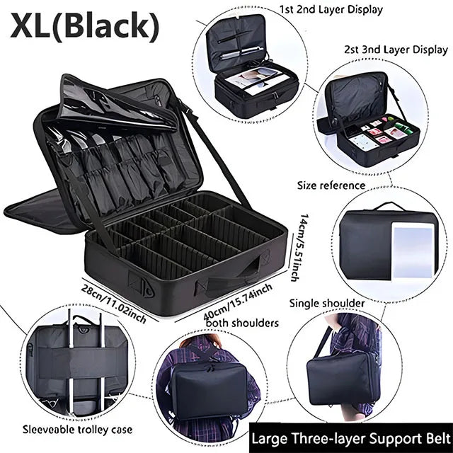 Professional Makeup Case Female Travel Big Capacity Beauty Nail ToolBox Cosmetic Organizer Suitcases For Makeup Storage Boxs XL(black)