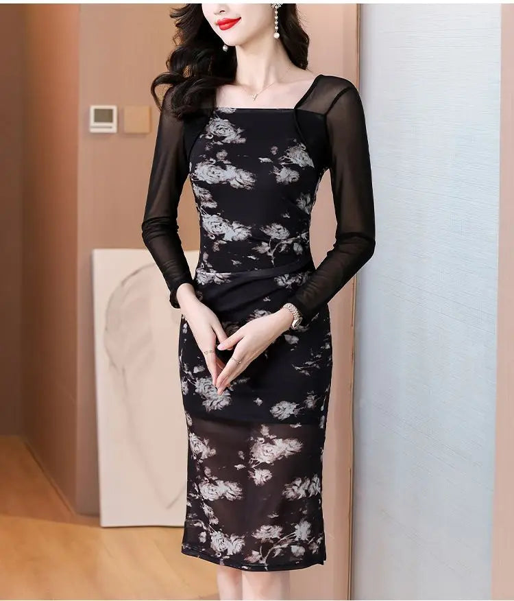 Women's 2025 New Slim Hip Square Neckline Temperament Dress