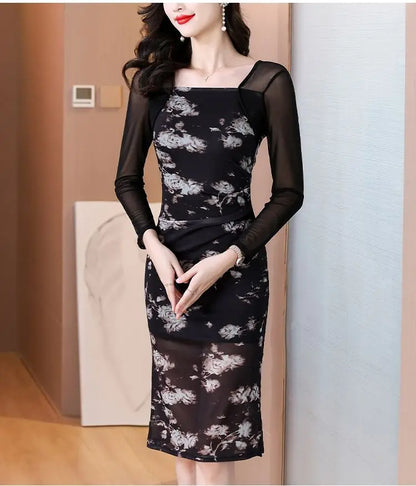 Women's 2025 New Slim Hip Square Neckline Temperament Dress