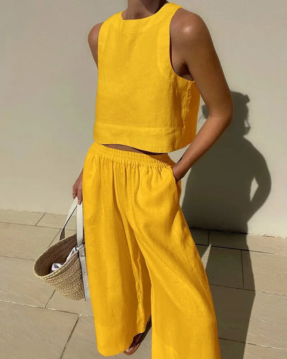 Women's Solid Color Casual Sleeveless Shirt And Pants Two Piece Summer Loose Simple Wide Leg Pants Vest Female 2025