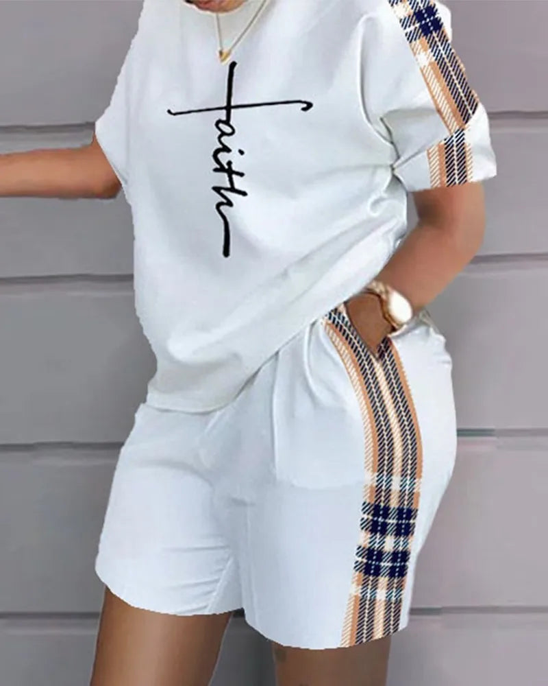 Women Casual Short Sleeve Outfit 2024 Summer Fashion Letter Printed O Neck Pocket Suit Female T Shirt Top Shorts Two Pieces Set