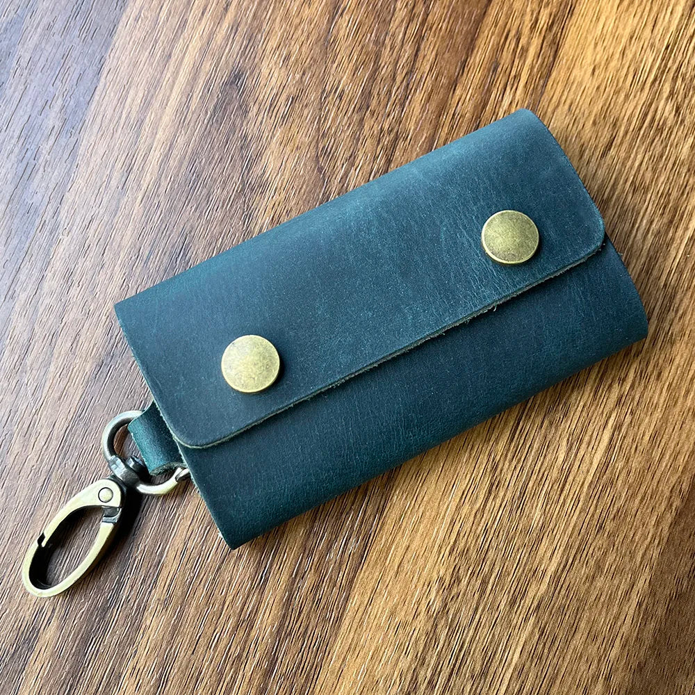 Handmade Genuine Leather Key Wallet Men Holder Keychain Pouch Purse Zipper Designer Housekeeper Car Small Key Case Keys Pouch Blue