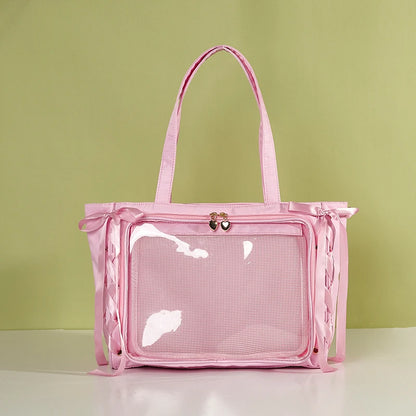 Japanese Large Capacity Satin Ribbon Ita Bag Sweet Girl Anime Transparent Tote Bag Lolita Shoulder Bags Clear Pvc Handbags Pink