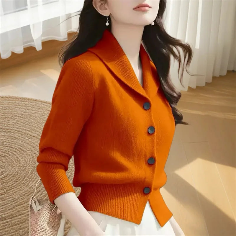 2025 New Spring Autumn Turndown Collar High End Women Knitt Cardigan Sweater Fashion Korean Version Female Knitwear Tops Jacket orange