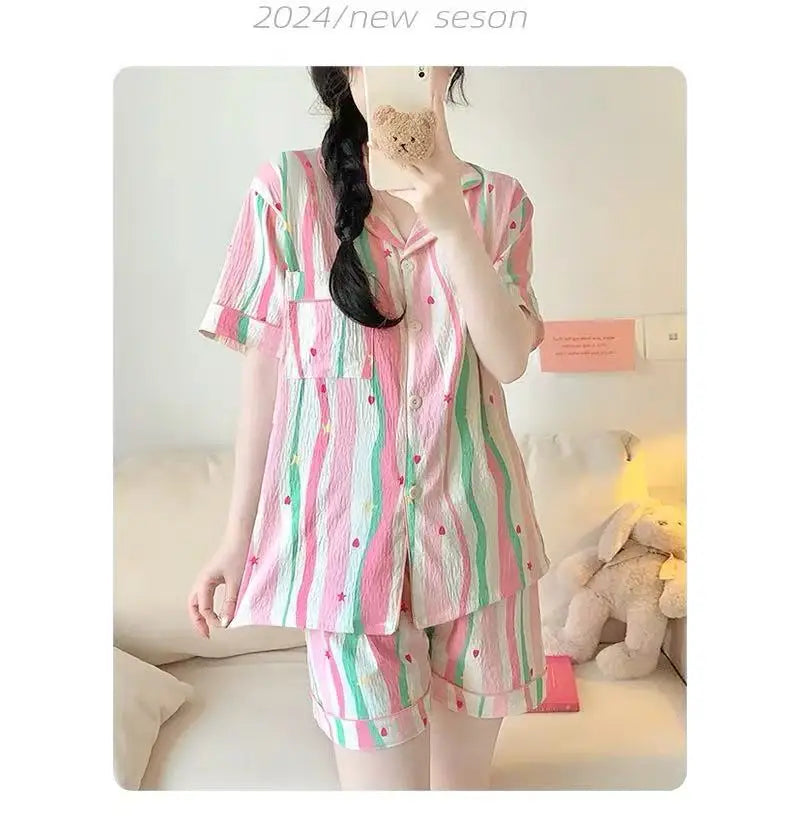 Cute Girl's Summer Cotton Linen ort Sve Nightgown Home Clothes Set Bear Print Gauze Spwear Simple Home Sle