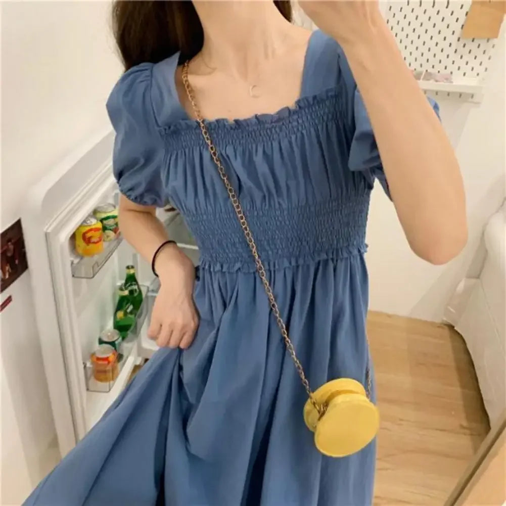Summer Women Dress Pleated Shirring Square Neck Short Sleeve Bubble Sleeve Ladies Dress Solid Color Loose Hem Midi Dress