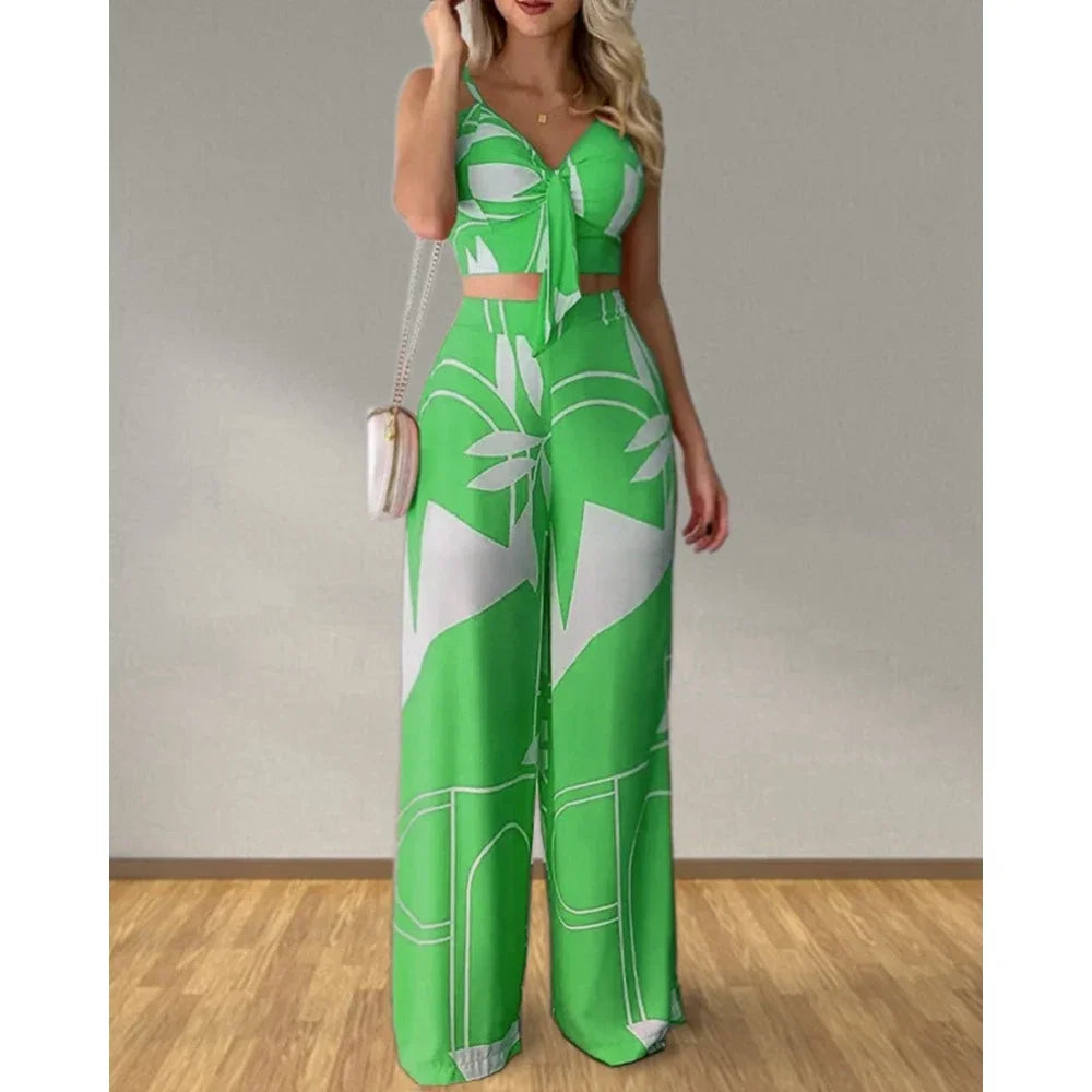 Summer Women Tropical Print Spaghetti Strap Casual Lace up Back Top &High Waist Pants Set 2 Pieces Suit Sets 2023 Woman Clothing green