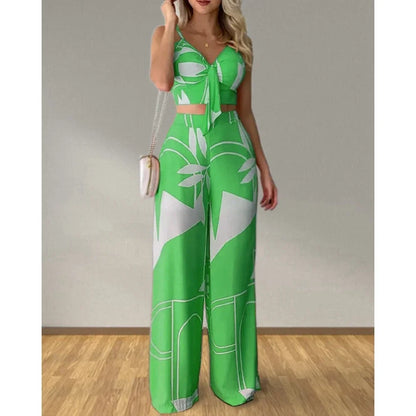 Summer Women Tropical Print Spaghetti Strap Casual Lace up Back Top &High Waist Pants Set 2 Pieces Suit Sets 2023 Woman Clothing green