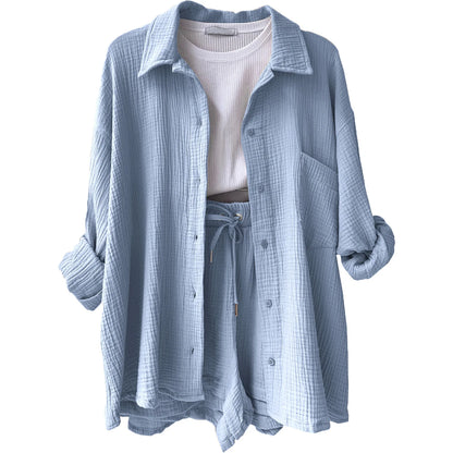 Short Sets Women Tracksuit Single Breasted Cardigan Blouses Two Pieces Shorts Loose Button High Street Solid Pockets Folds Light Blue