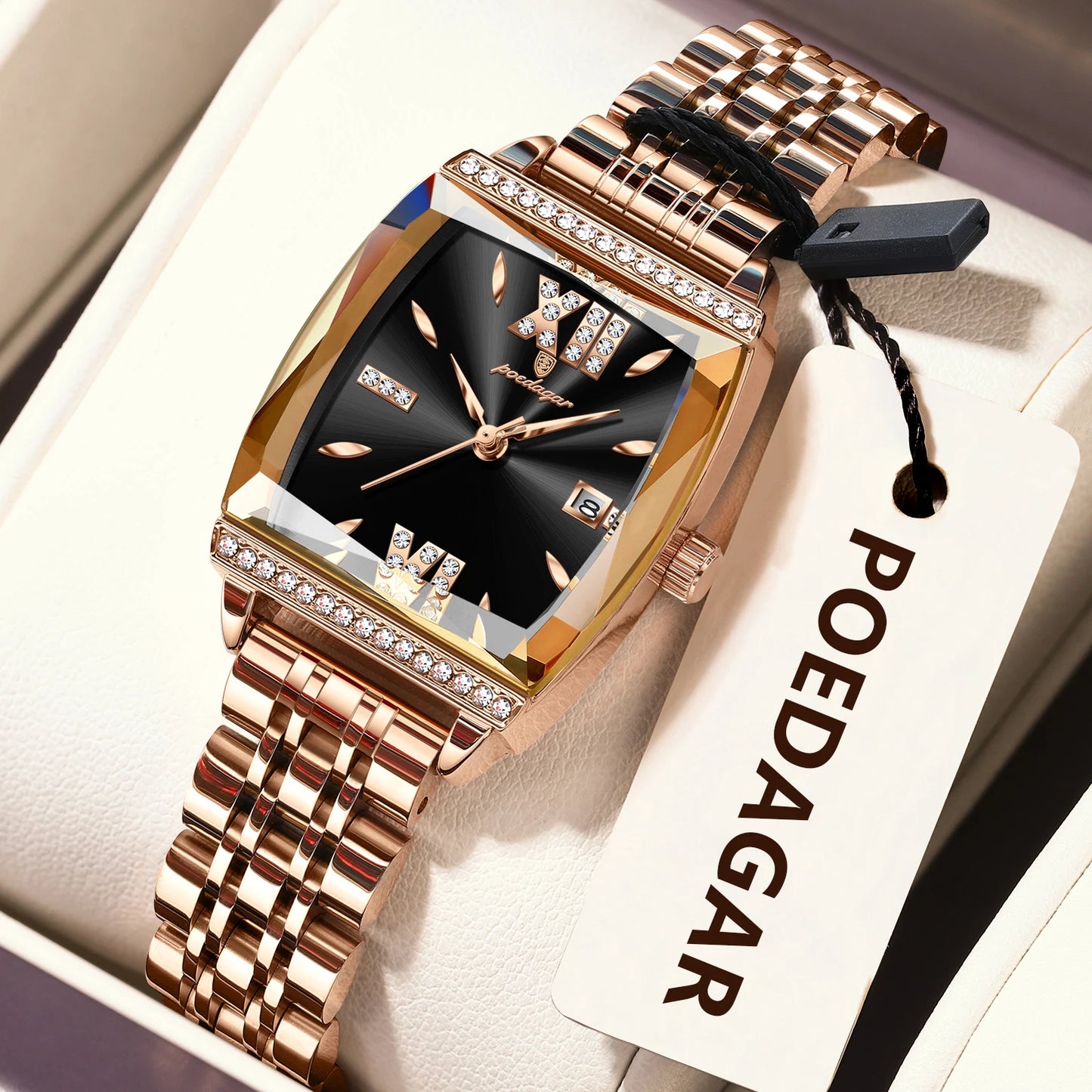 POEDAGAR Diamond Luxury Watch For Woman High Quality Waterproof Date Ladies Quartz Watch Stainless Steel Women Watches Reloj+Box 795 RoseGold Black