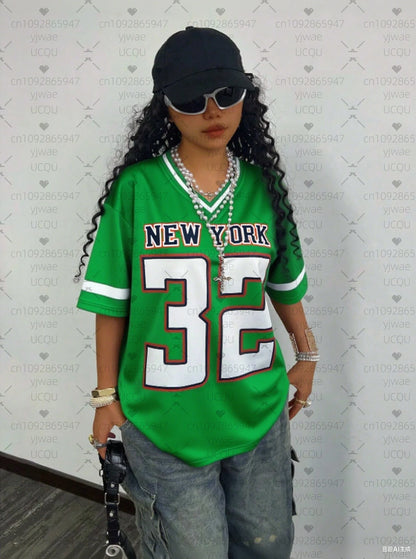 2025 Women Baseball Jerseys NEW YORK 32 Print V-Neck Short Sleeve T-Shirt Summer Tee Stripe Oversized Sport T-Shirt Badiee Stylez