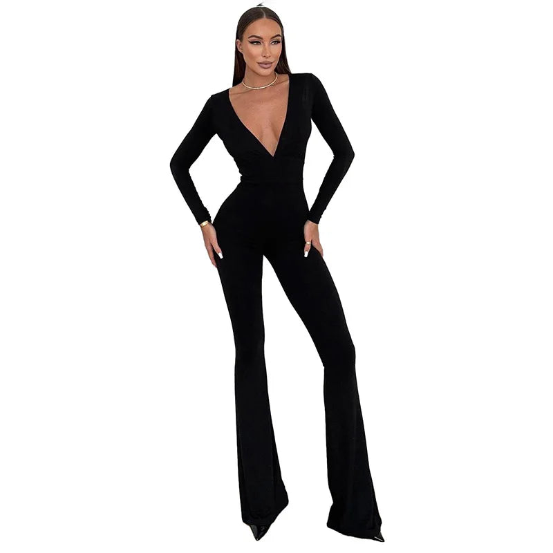 2025 Women Autumn Black Long Sleeve V Neck Jumpsuits Streetwear Bodycon Sexy Sporty Casual Rompers Fashion Overall Body Tops Badiee Stylez