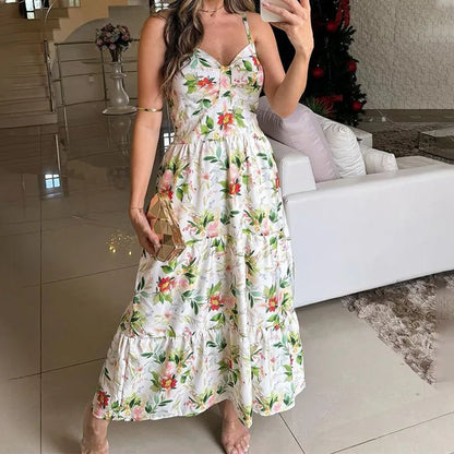 Bohemian Beach Sundresses For Women Fashion Floral Printed Sexy Sling Maxi Dresses Oversized Ladies Casual Long Dress