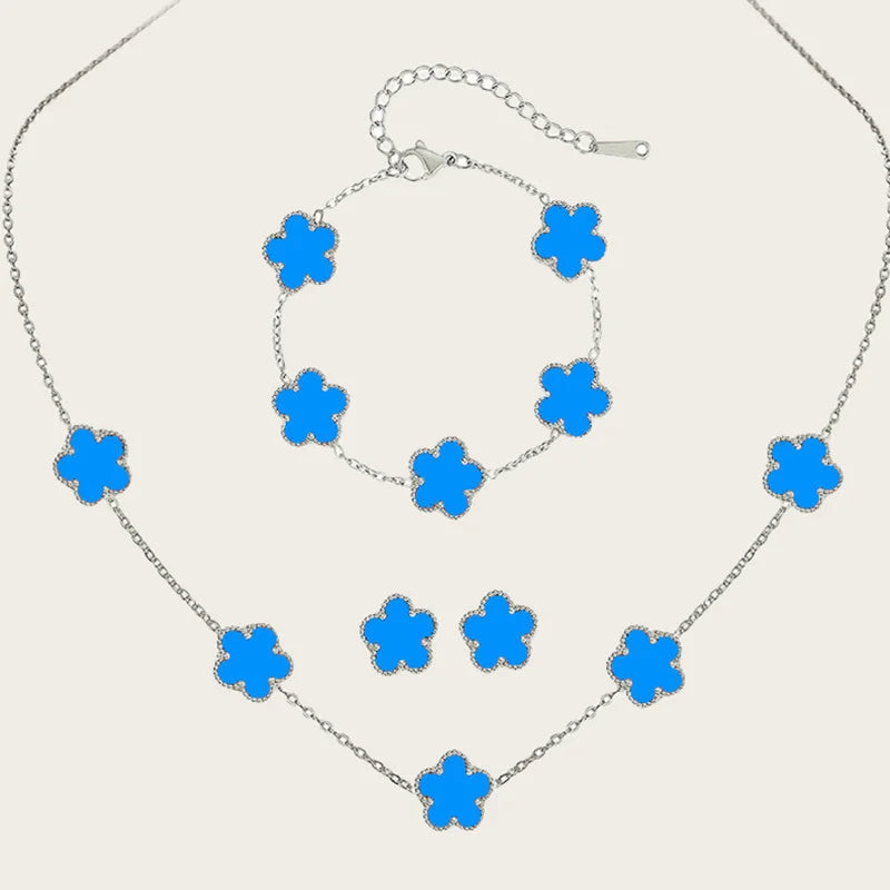 Stainless Steel Sets Earrings Necklace Bracelet Christmas Birthday Gifts Gold Plated Women's Double Sided Flower Elegant Fashion blue-silver