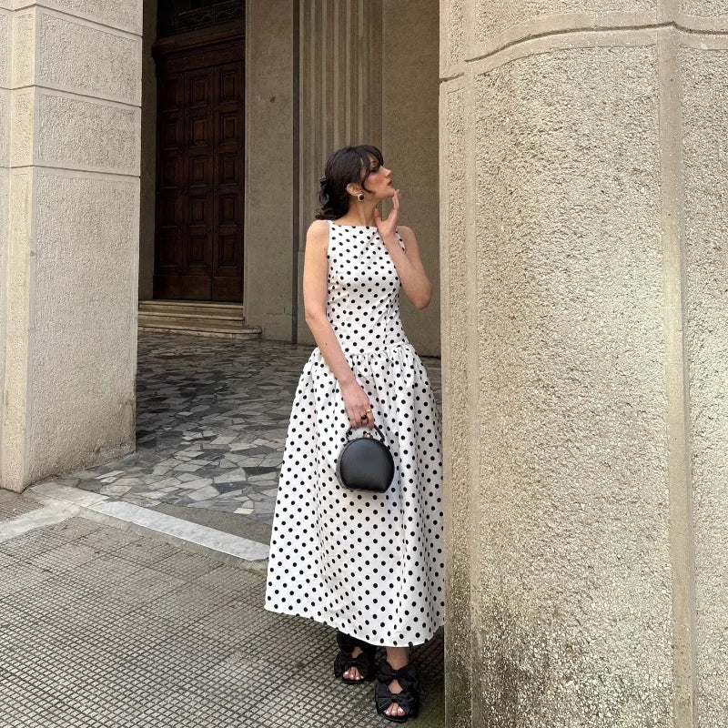 Fashion Polka Solid Slim Vestido Lady Elegant Chic Sleeveless Off Shoulder Pleat Square Neck Maxi Dress Summer Dinner Party Wear