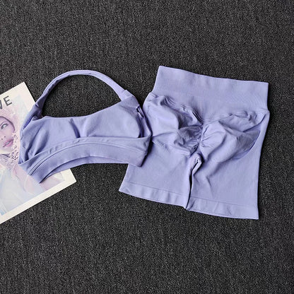 2 Pieces Yoga Suit for Women Seamless Fitness Gym Clothes Halter Sports Bra Matching Impact Shorts Workout Sets Gym Outfit